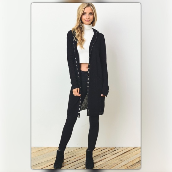 Black Hooded Long Cardigan with Grommets - Picture 2 of 3
